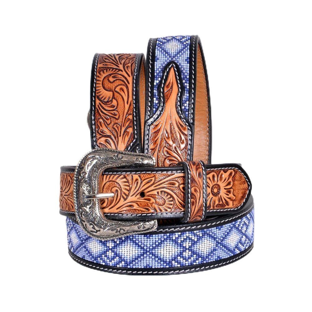 6495 Western Tooled Leather Beaded Belt For Men And Women 30is112-44